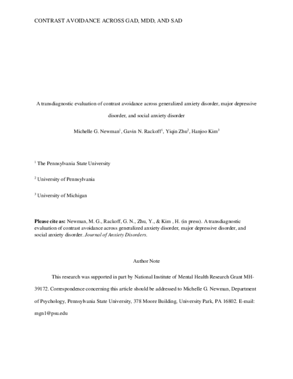 (PDF) A transdiagnostic evaluation of contrast avoidance across ...