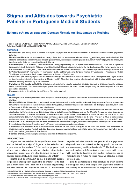 (PDF) Stigma and Attitudes towards Psychiatric Patients in Portuguese ...