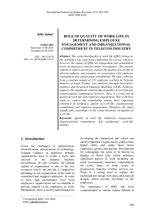 (PDF) Role of Quality of Work Life in Determining Employee Engagement ...