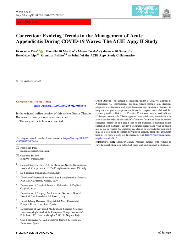Correction: Evolving Trends in the Management of Acute Appendicitis During COVID-19 Waves: The ACIE Appy II Study