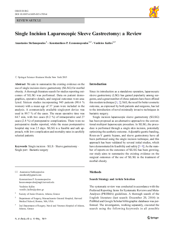 (PDF) Single-Incision Laparoscopic Sleeve Gastrectomy: Review and a ...