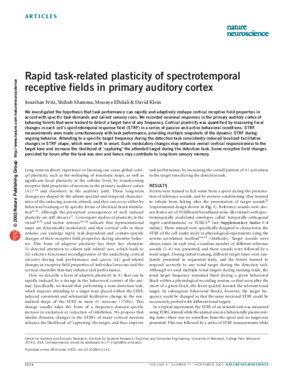 (PDF) Rapid task-related plasticity of spectrotemporal receptive fields ...