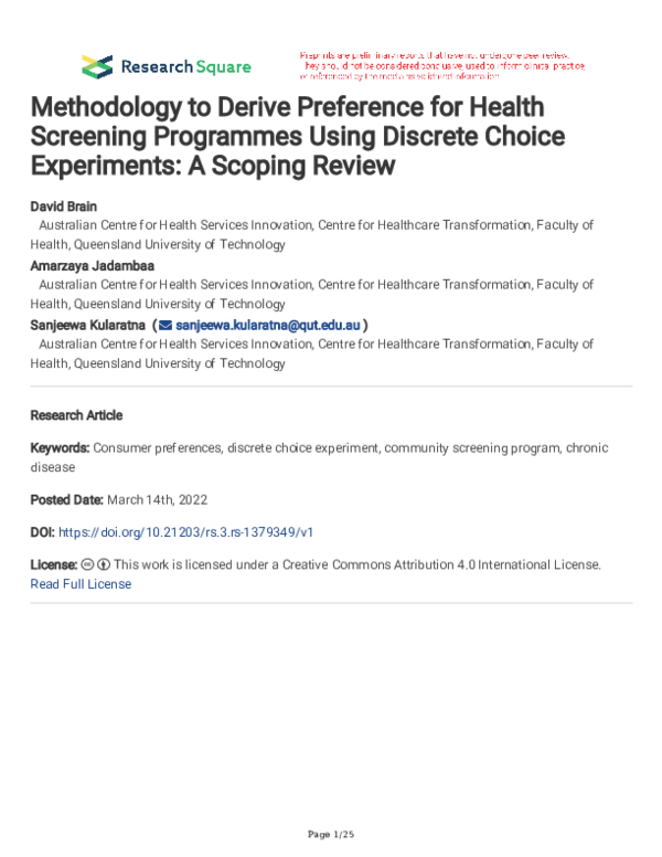 (PDF) Methodology to Derive Preference for Health Screening Programmes ...