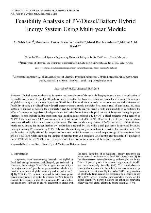 (PDF) Feasibility Analysis of PV/Diesel/Battery Hybrid Energy System ...