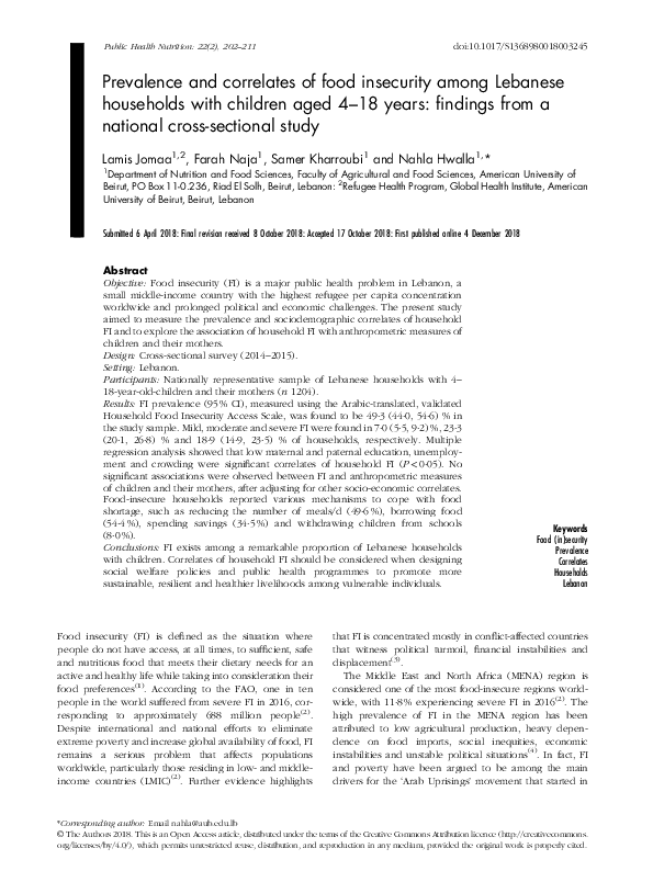 (PDF) Prevalence and correlates of food insecurity among Lebanese ...