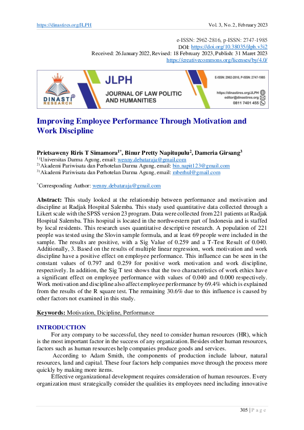 (PDF) Improving Employee Performance Through Motivation and Work Discipline