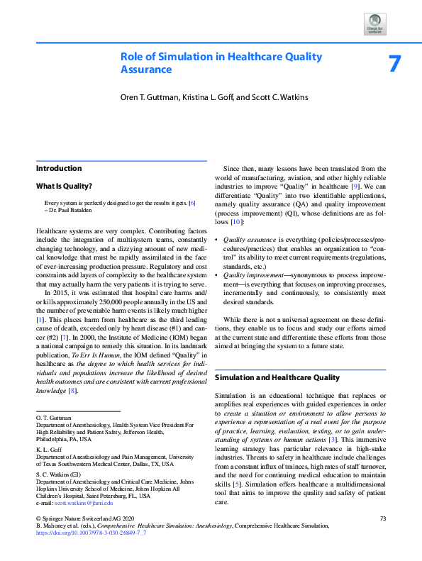 (PDF) Role of Simulation in Healthcare Quality Assurance