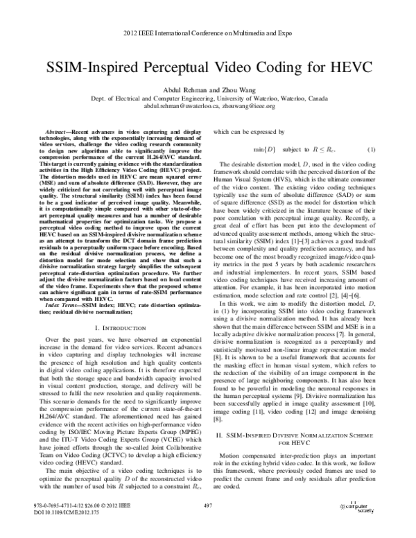 (PDF) SSIM-Inspired Perceptual Video Coding for HEVC
