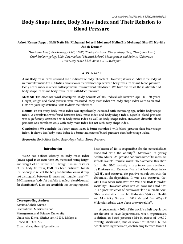 (PDF) Body Shape Index, body Mass Index and Their relation to blood ...