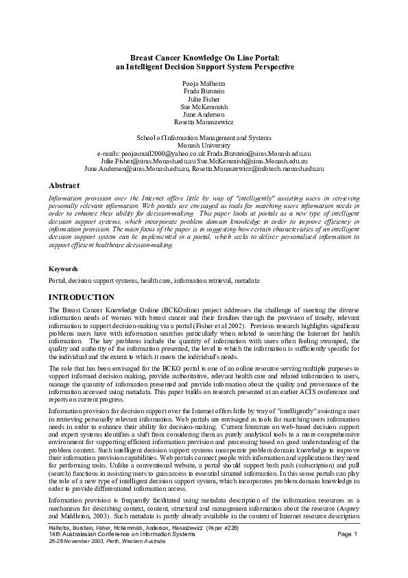 (PDF) Breast cancer knowledge on line portal: an Intelligent decision ...