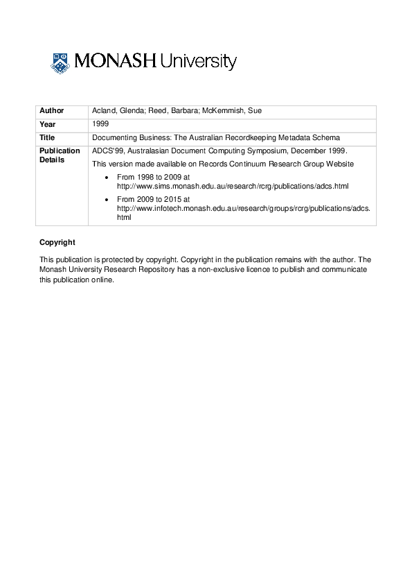 (PDF) Documenting Business The Australian Recordkeeping Metadata