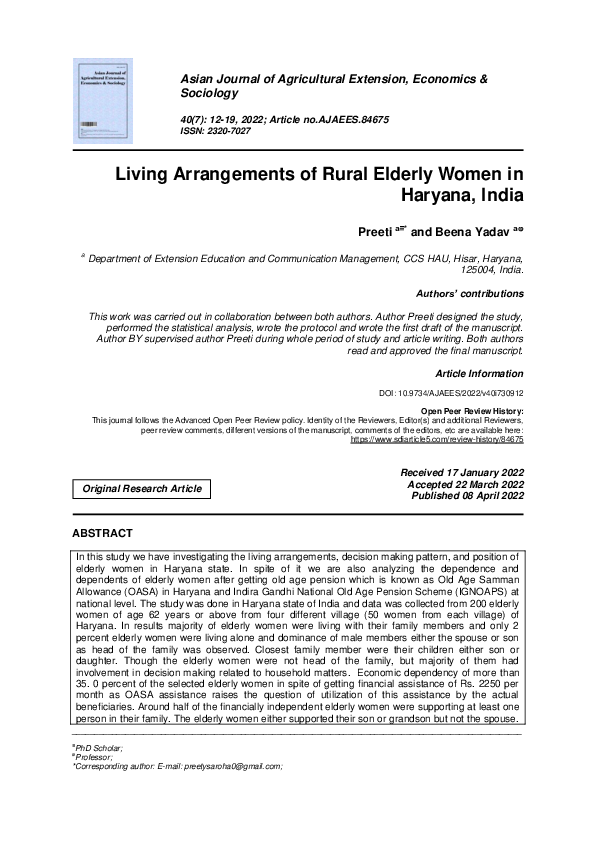 (PDF) Living Arrangements of Rural Elderly Women in Haryana, India