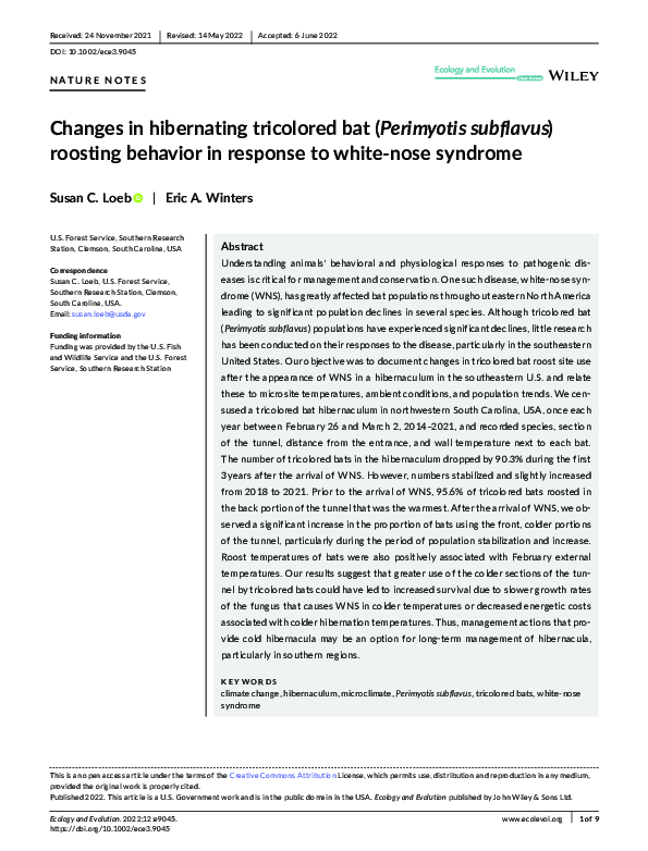 (PDF) Changes in hibernating tricolored bat ( Perimyotis subflavus ...