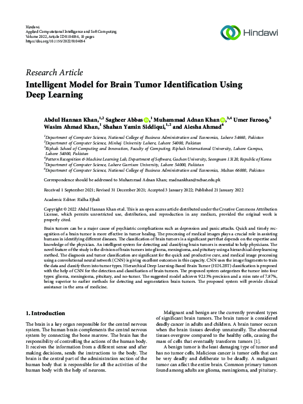 (PDF) Intelligent Model for Brain Tumor Identification Using Deep Learning
