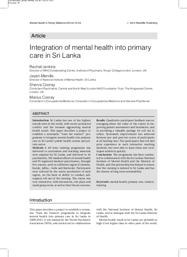(PDF) Integration of mental health into primary care in Sri Lanka
