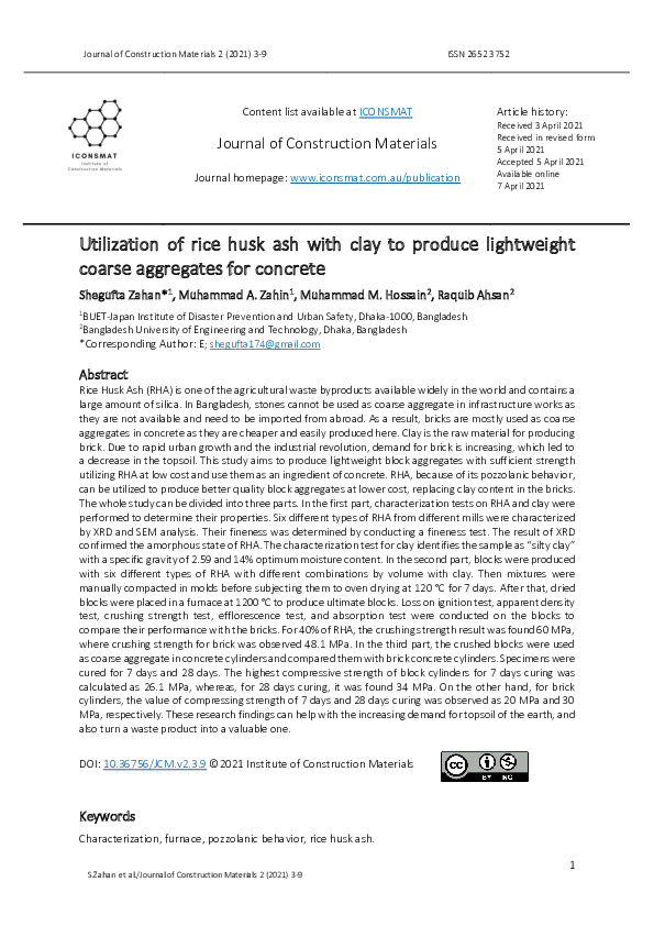 (PDF) Utilization of rice husk ash with clay to produce lightweight ...