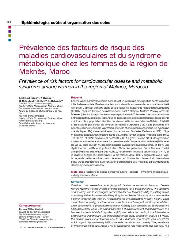 (PDF) Prévalence des facteurs de risque des maladies cardiovasculaires ...