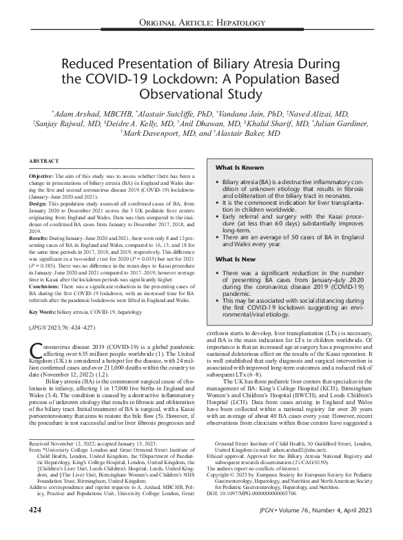 (PDF) Reduced Presentation of Biliary Atresia During the COVID-19 ...