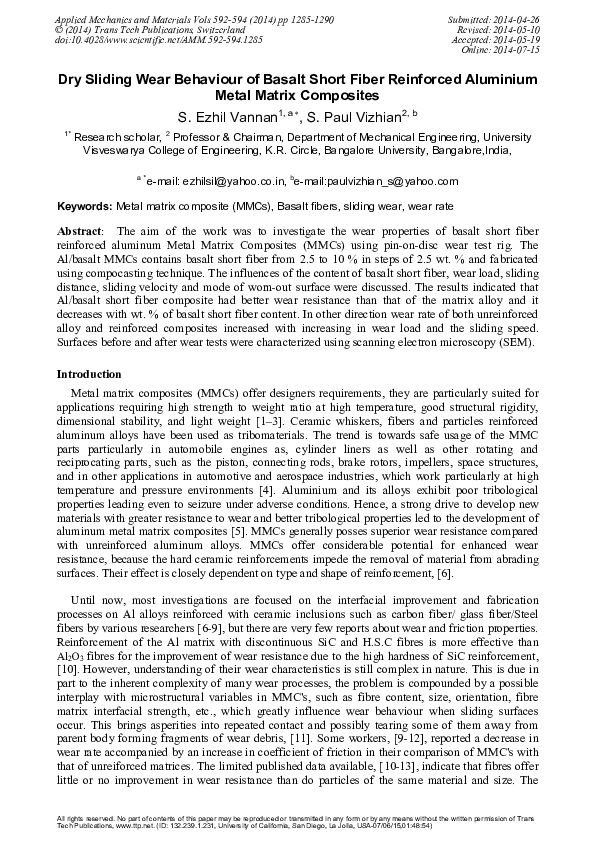 (PDF) Dry Sliding Wear Behaviour of Basalt Short Fiber Reinforced ...