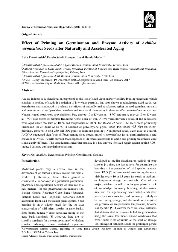 (PDF) Effect of Priming on Germination and Enzyme Activity of Achillea ...