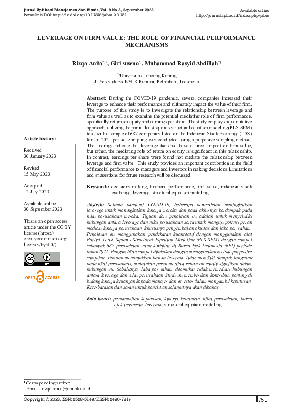 (PDF) LEVERAGE ON FIRM VALUE: THE ROLE OF FINANCIAL PERFORMANCE MECHANISMS