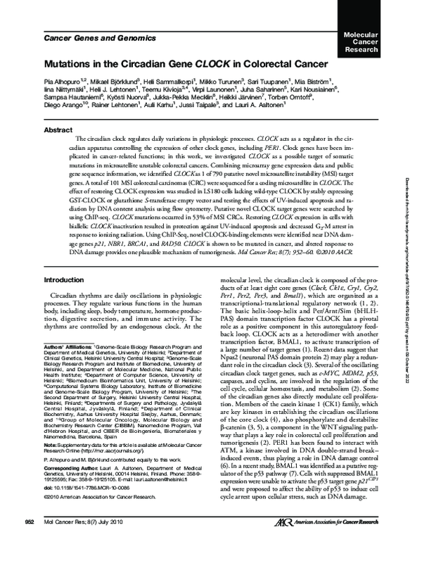 (PDF) Mutations in the Circadian Gene CLOCK in Colorectal Cancer