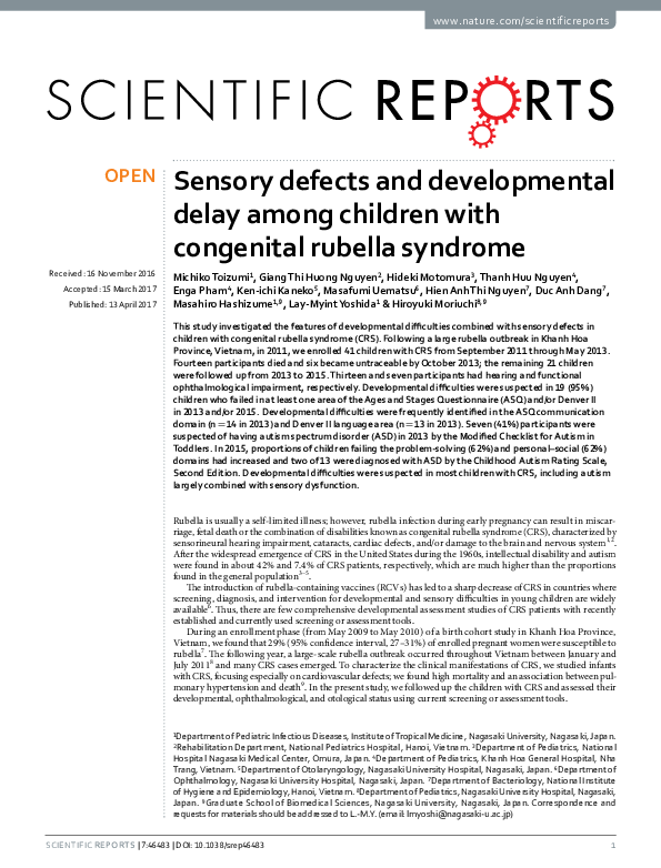 Sensory defects and developmental delay among children with congenital rubella syndrome