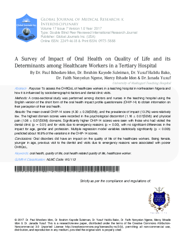 (PDF) A Survey of Impact of Oral Health on Quality of Life and its ...