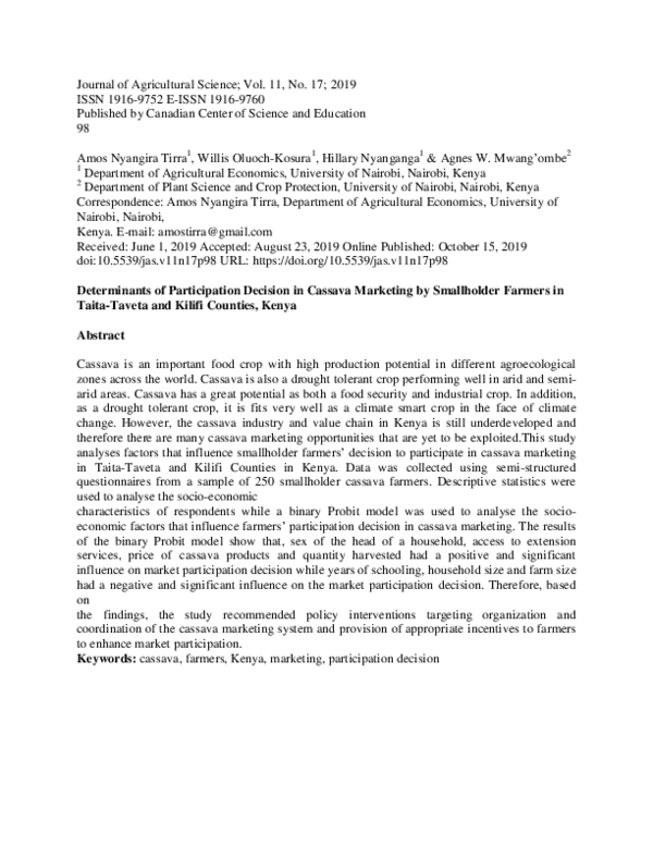 (PDF) Determinants of Participation Decision in Cassava Marketing by ...
