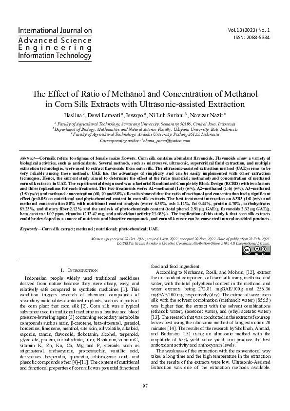 (PDF) The Effect of Ratio of Methanol and Concentration of Methanol in Corn Silk Extracts with