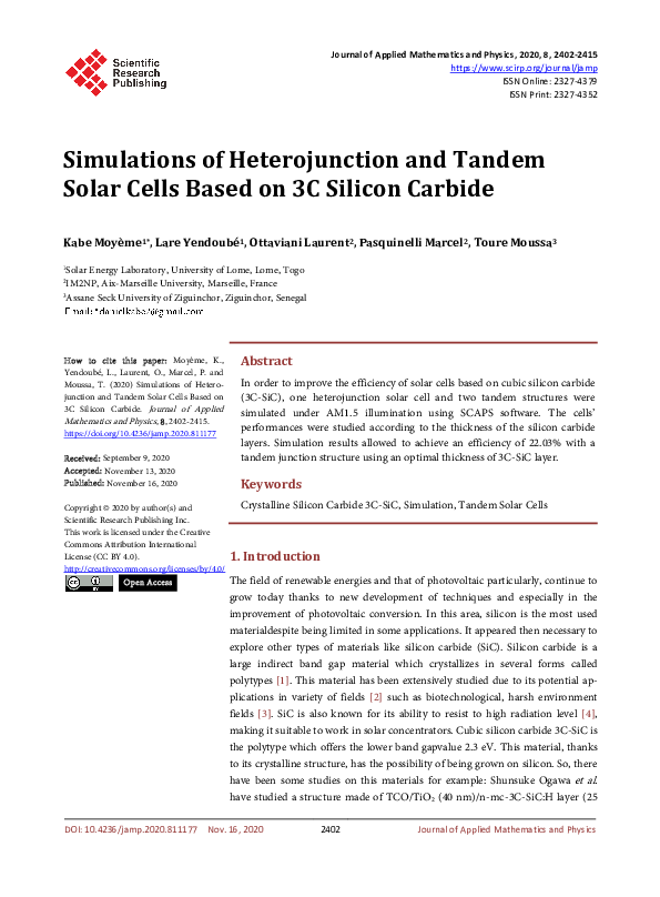 (PDF) Simulations of Heterojunction and Tandem Solar Cells Based on 3C ...
