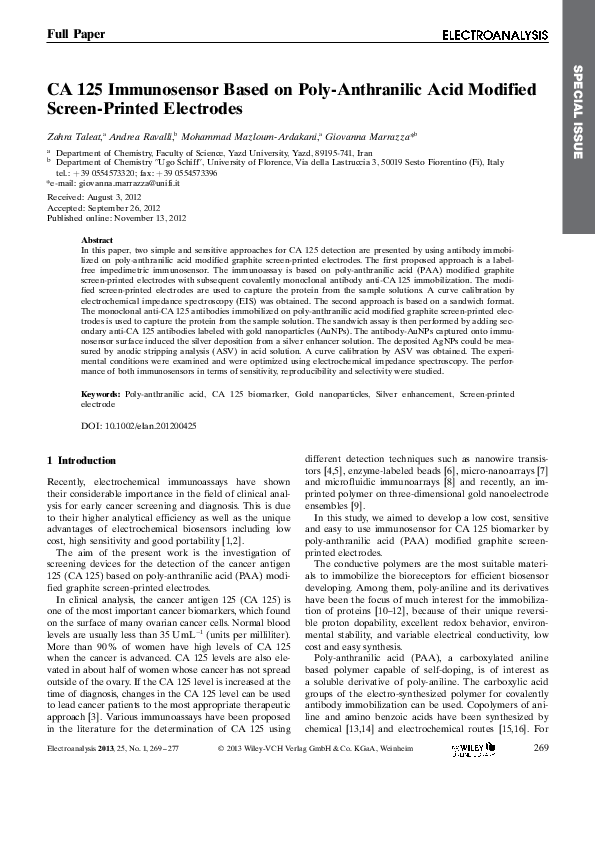 (PDF) CA 125 Immunosensor Based on Poly-Anthranilic Acid Modified ...