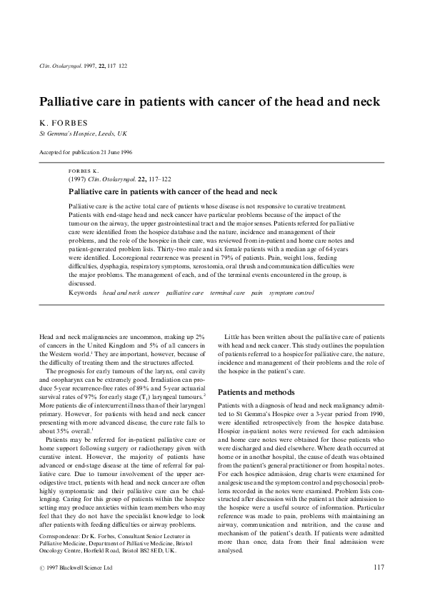 (PDF) Palliative care in patients with cancer of the head and neck
