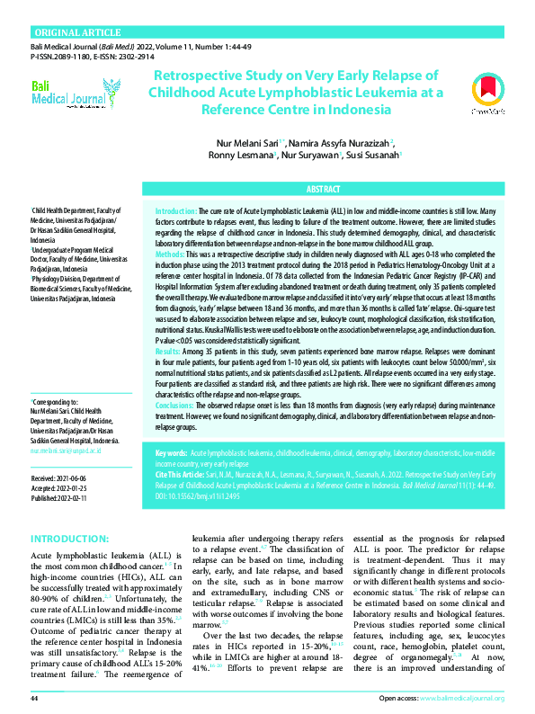 (PDF) Retrospective Study on Very Early Relapse of Childhood Acute ...