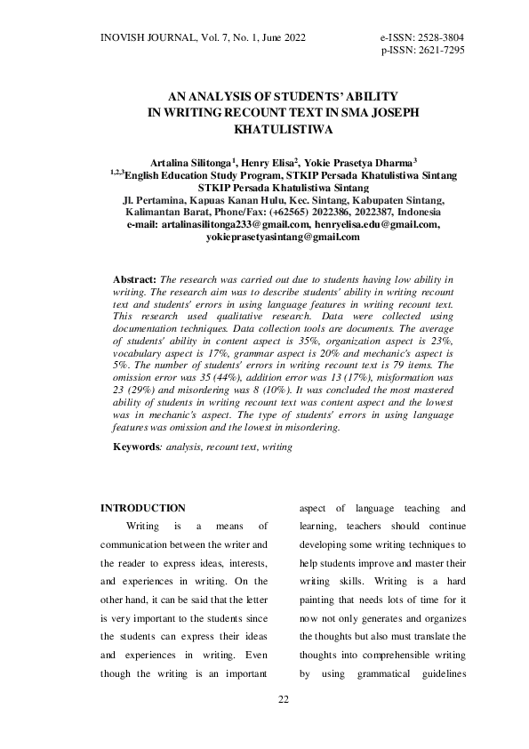 (PDF) An Analysis of Students’ Ability in Writing Recount Text in Sma ...