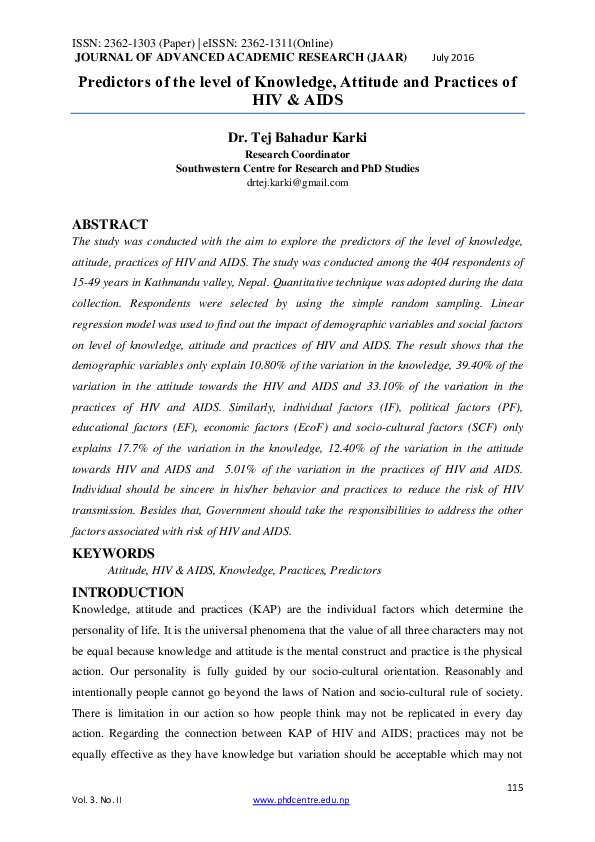 (PDF) Predictors of the level of Knowledge, Attitude and Practices of ...