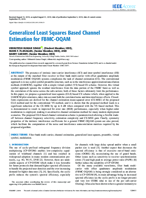 (PDF) Generalized Least Squares Based Channel Estimation for FBMC-OQAM