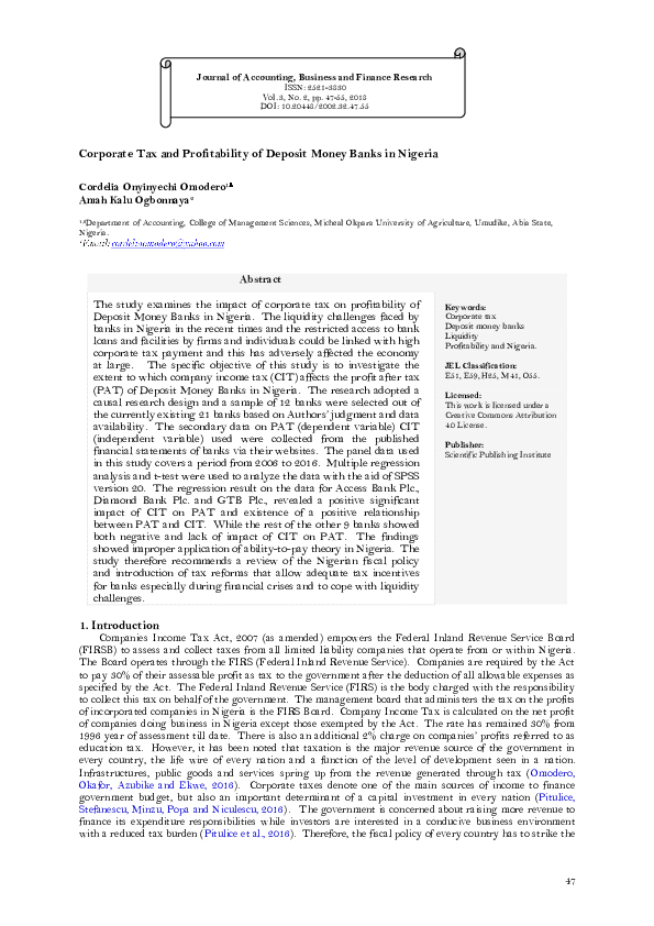 (PDF) Corporate Tax and Profitability of Deposit Money Banks in Nigeria