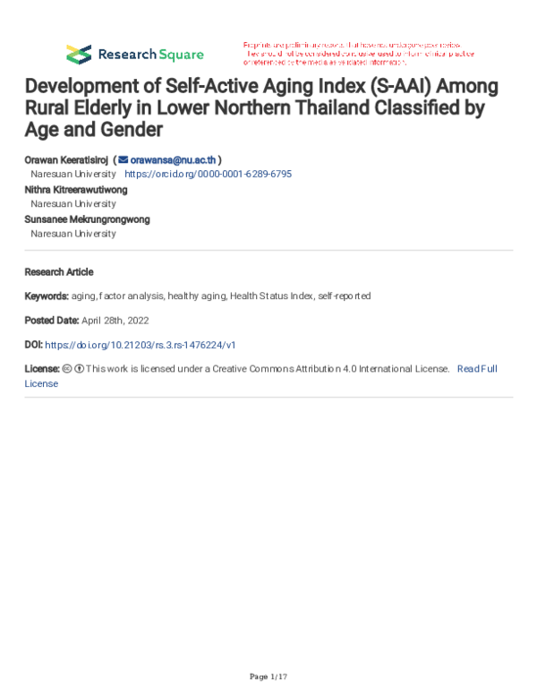 (PDF) Development of Self-Active Aging Index (S-AAI) Among Rural ...