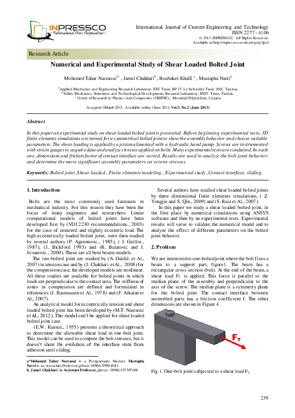 (PDF) Numerical and Experimental Study of Shear Loaded Bolted Joint
