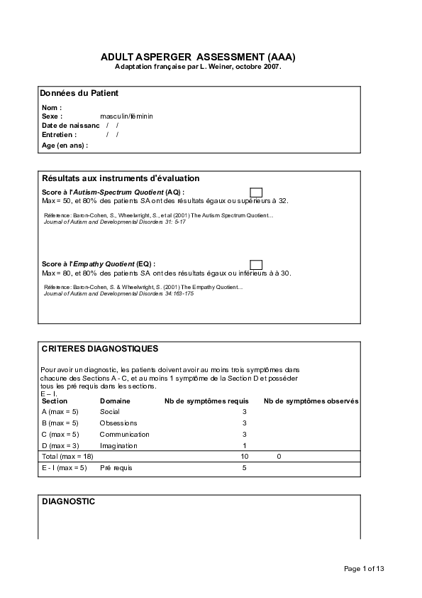 (PDF) AAA Français Adult Asperger Assesment Questions TSA FR depistage