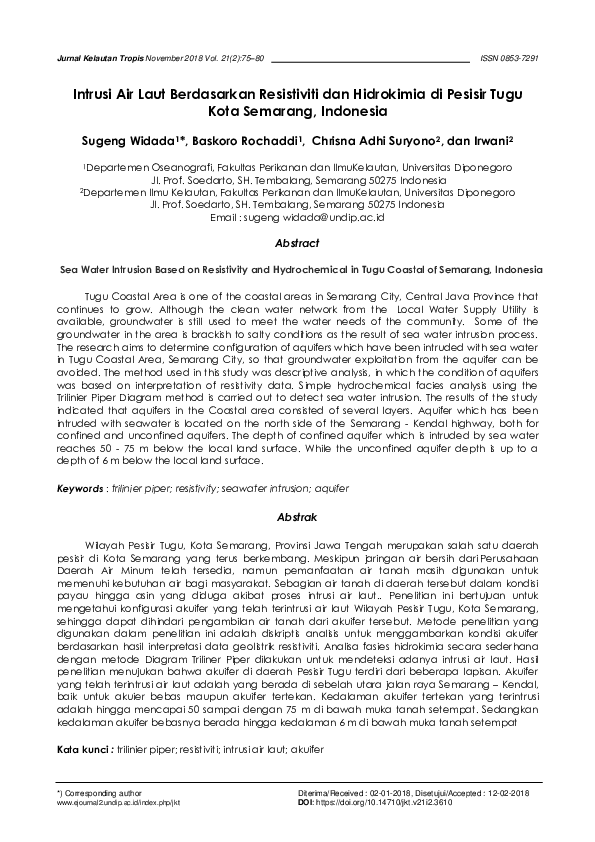 Intrusi Air Laut di Pesisir Tugu Kota Semarang Berdasarkan Resistiviti dan Hidrokimia