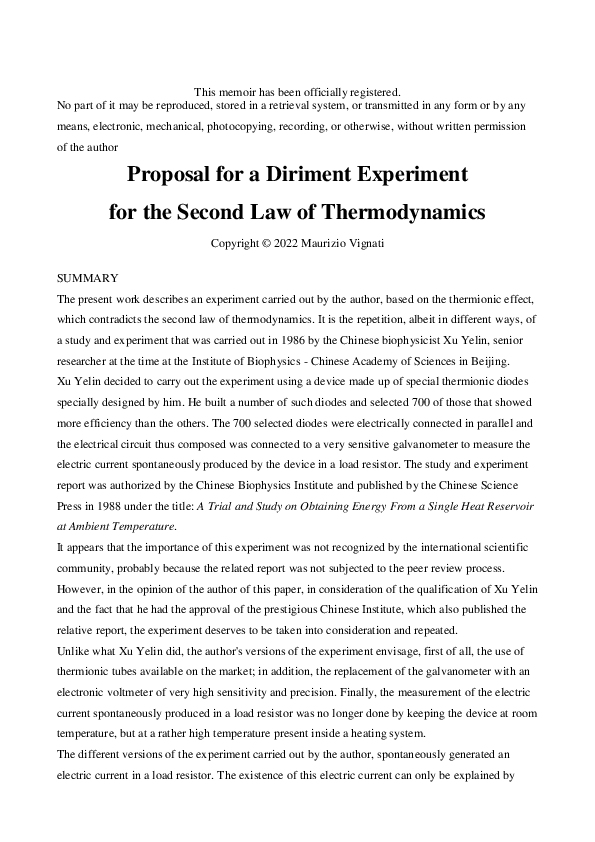 (PDF) Proposal for a Diriment Experiment for the Second Law of ...