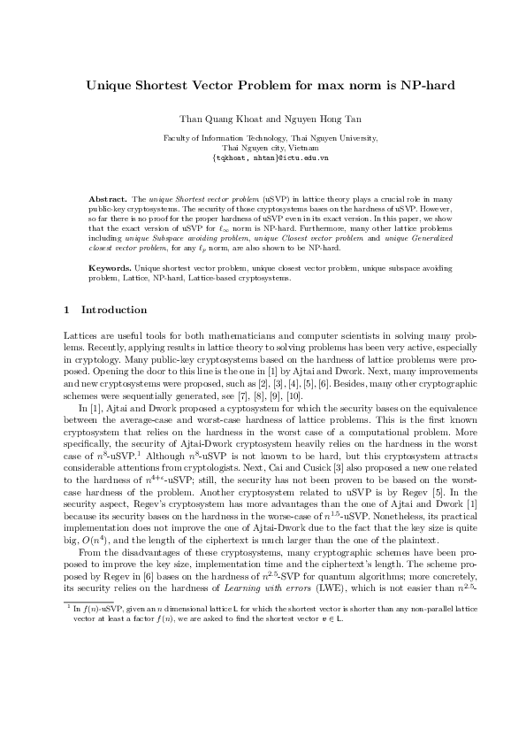 (PDF) Unique Shortest Vector Problem for max norm is NP-hard