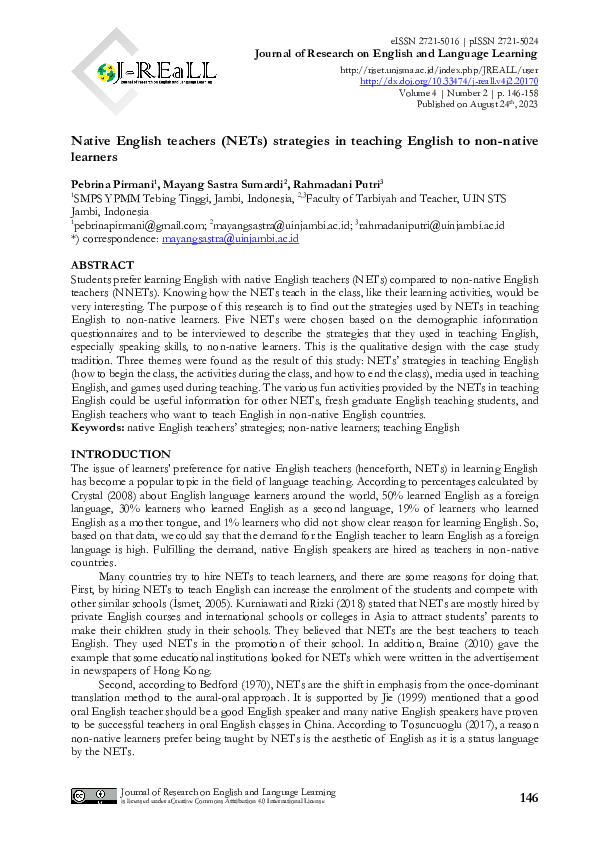 (PDF) Native English teachers (NETs) strategies in teaching English to ...