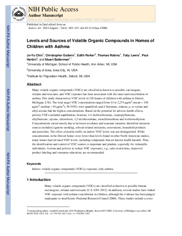 (PDF) Levels and sources of volatile organic compounds in homes of ...