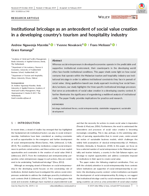 (PDF) Institutional bricolage as an antecedent of social value creation ...