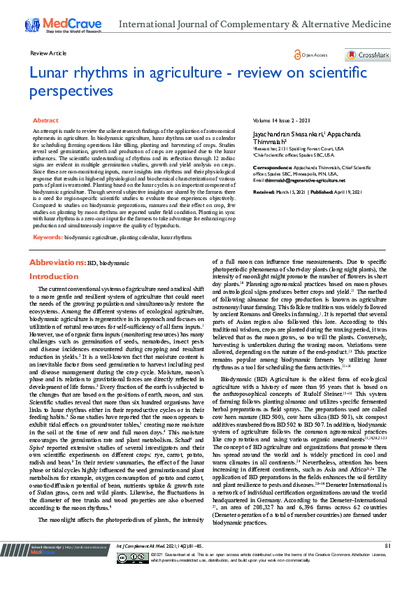 (PDF) Lunar rhythms in agriculture - review on scientific perspectives