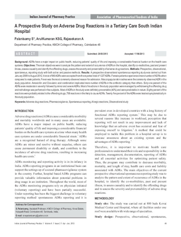 (PDF) A Prospective Study on Adverse Drug Reactions in a Tertiary Care ...