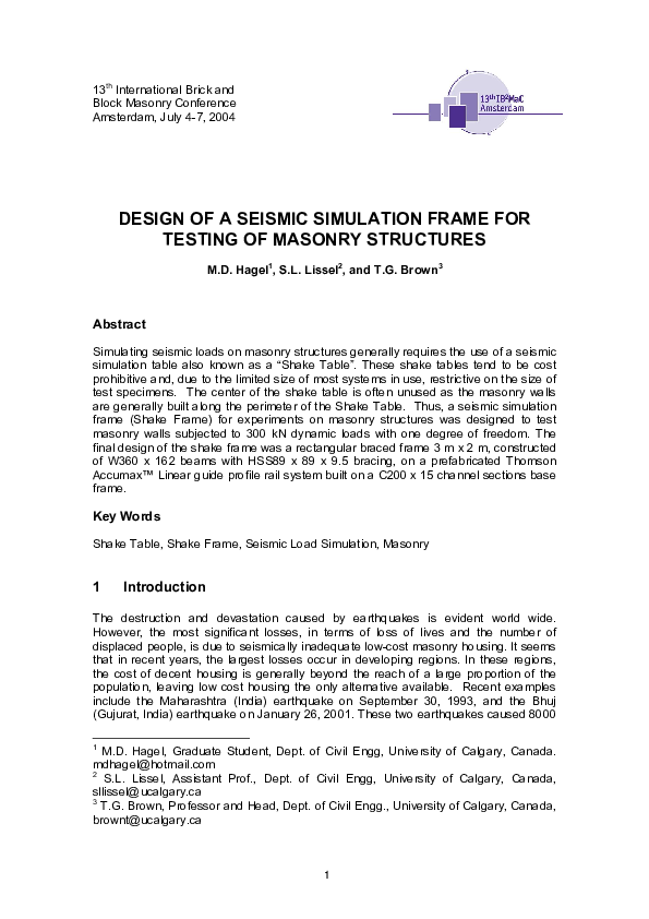 (PDF) Design of a Seismic Simulation Frame for Testing of Masonry ...